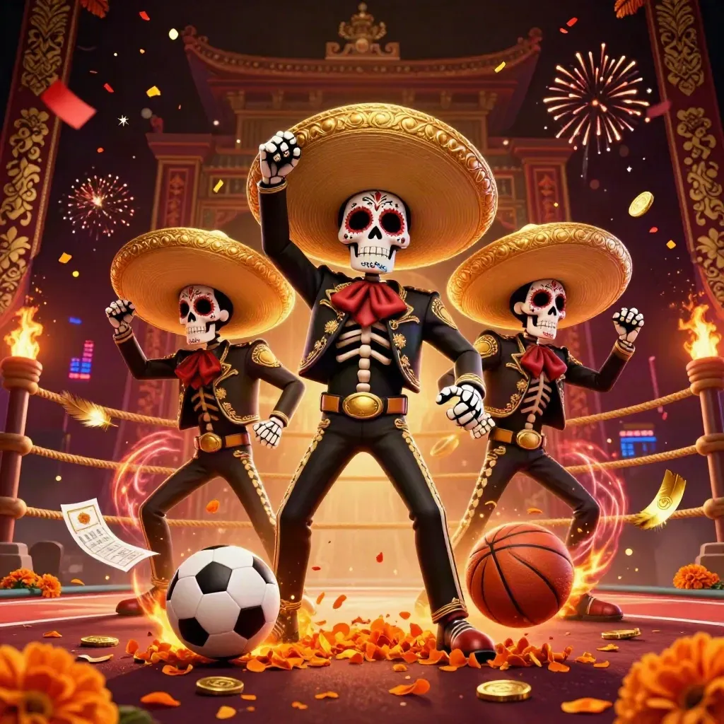 Skeleton mariachi trio amid casino energy, flying balls, coins, fireworks, and dark gold damask.