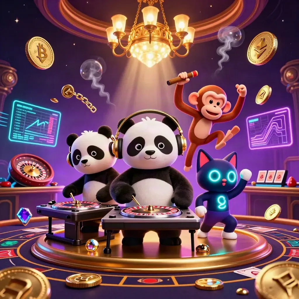 DJ panda, monkey, and glow-stick kitten in a neon casino rave with coins, lightning, and a spinning wheel