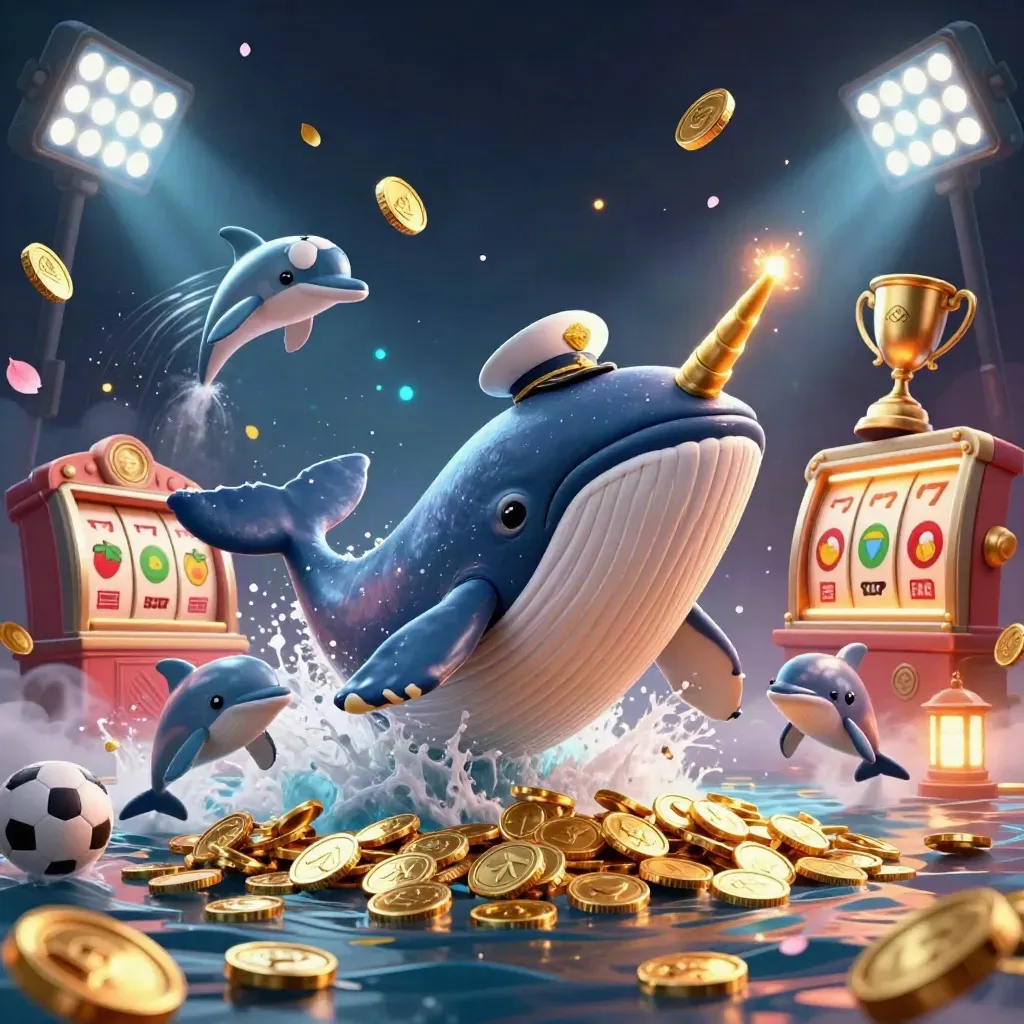 Whale captain, narwhal, and dolphins burst from coins amid casino effects