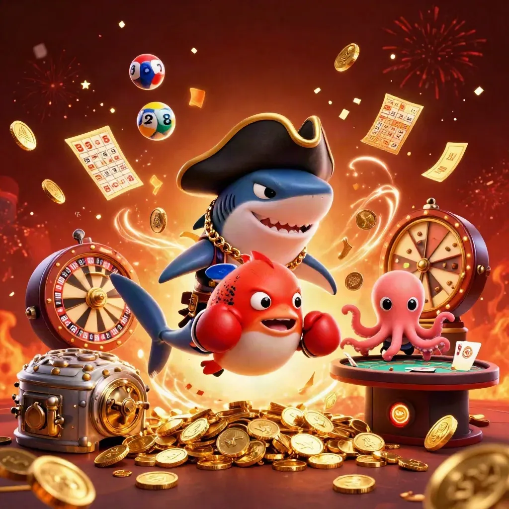 Pirate shark, boxing pufferfish, and octopus amid casino coins, wheels, fireworks, and ember glow.