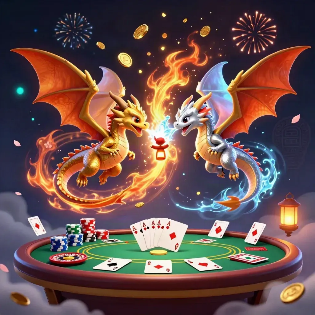 Twin gold and silver dragons spiral over chips, coins, cards and fireworks on a dark neon casino backdrop.