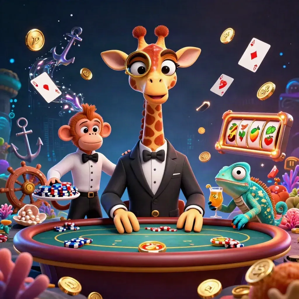 Giraffe high roller, monkey valet, and chameleon bartender amid neon casino treasure and cards